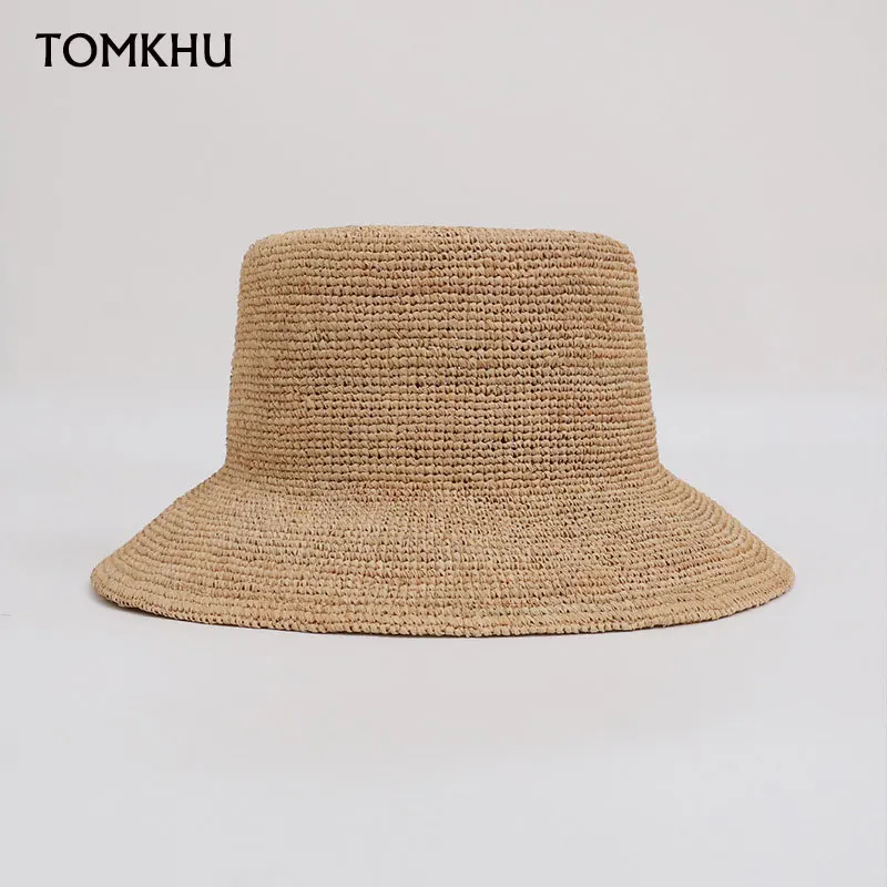 Letnie ręcznie robione słomkowe kapelusze z szerokim rondem z rafii Moda damska Casualowy kapelusz przeciwsłoneczny Składane płaskie słomkowe kapelusze Wakacyjny kapelusz plażowy