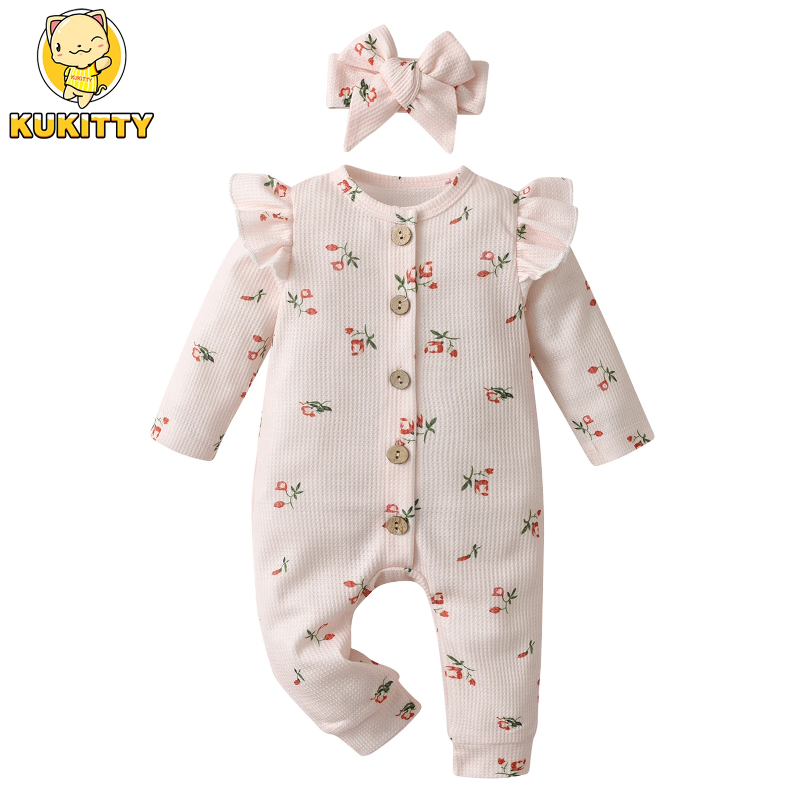 Casual Newborn Infant Baby Long Sleeve Romper Clothes for Girl Knit Floral Jumpsuit Playsuit with Bow Headband