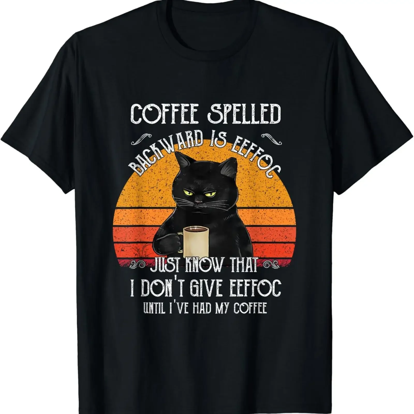 Funny Black Cat coffee spelled backwards is eeffoc T Shirt vintage Washed Comfortable Breathable Casual designer clothes homme