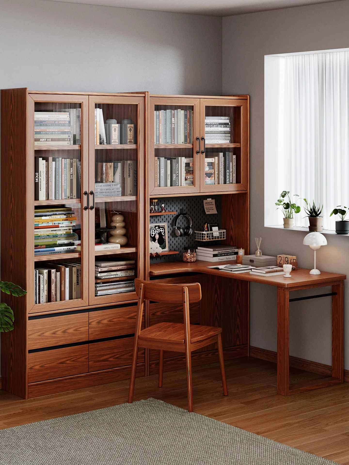 

Книжная полка из массива дерева, угловой шкаф у стены, встроенный письменный стол