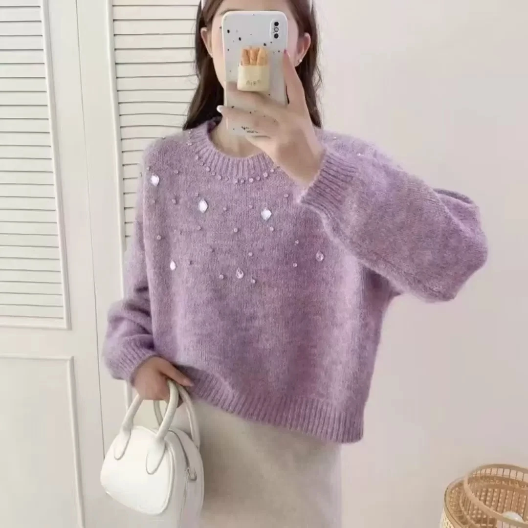 

Hand-Sewn iny Diamond Women's Sweater Lazy High-End New Winter Knitted Pullover Loose Fit Long Sve Polyester Fiber