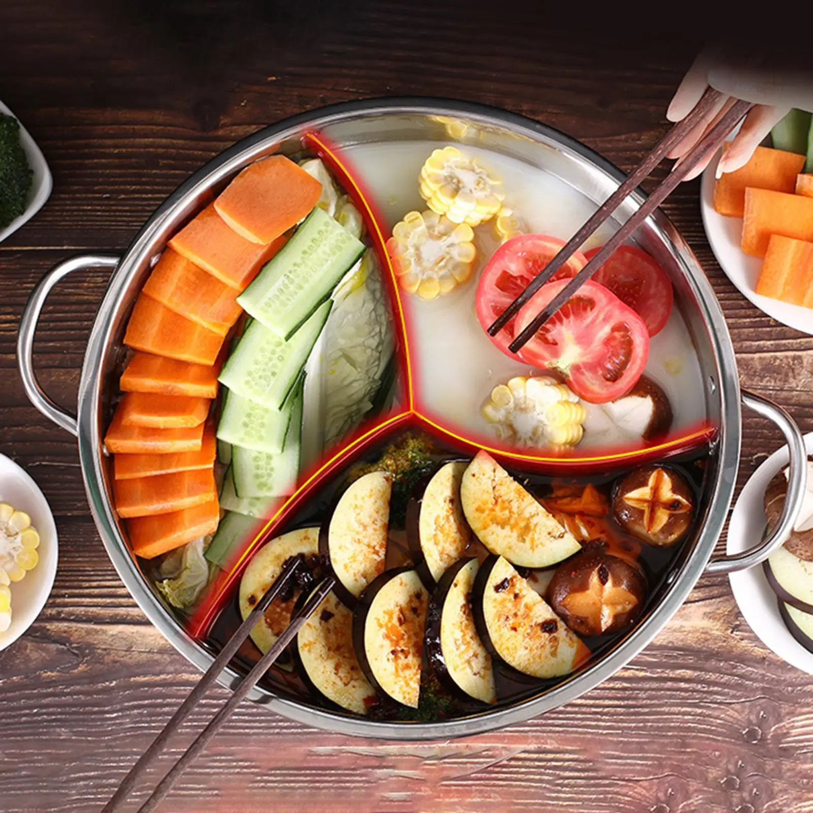 Stainless Steel Shabu Shabu Hotpot Pot 3 Sections Soup Stock Pot for Family Gathering or Commercial Use