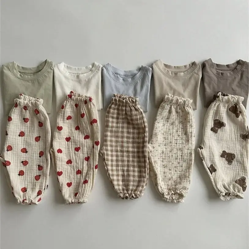Calças de urso de algodão de linho vintage para bebês meninos casuais elásticos calças de cintura para crianças meninas roupas crianças calças de verão