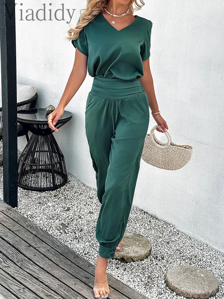 

Women's Casual Solid Color Puff Sleeve Top and High Waist Cuffed Pants 2pcs Set