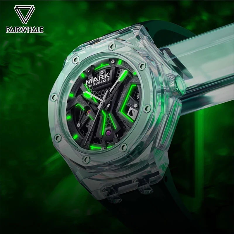 Original Acrylic Automatic Watches Mens Fancy Transparent Case Silicone Strap Sport Watch Cool Design Luminous Toubillon Relojes