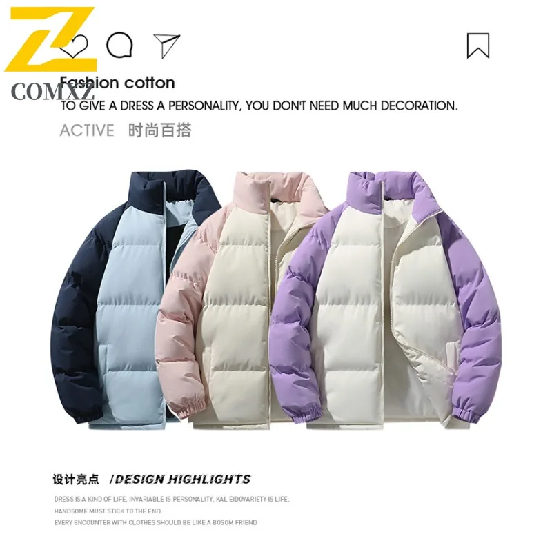 COMXZ 2025 Winter Unisex Fashion Warm Color Block Cotton Jacket Casual outdoor sports Streetwear Coat lightweight windbreaker