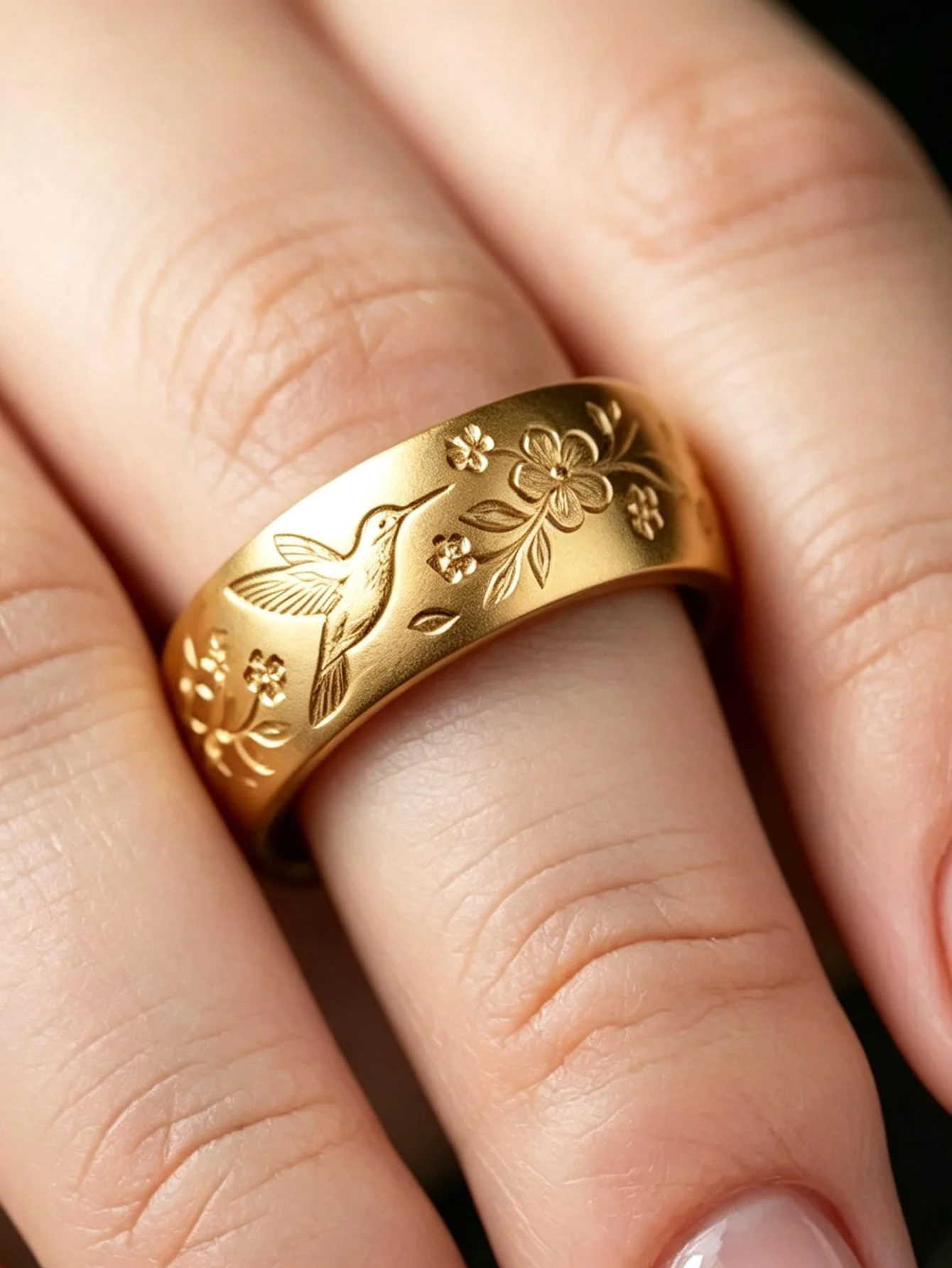 Gold Tone Hummingbird Flower Engraved Wide Band Ring Women Retro Floral Bird Pattern Fashion Jewelry
