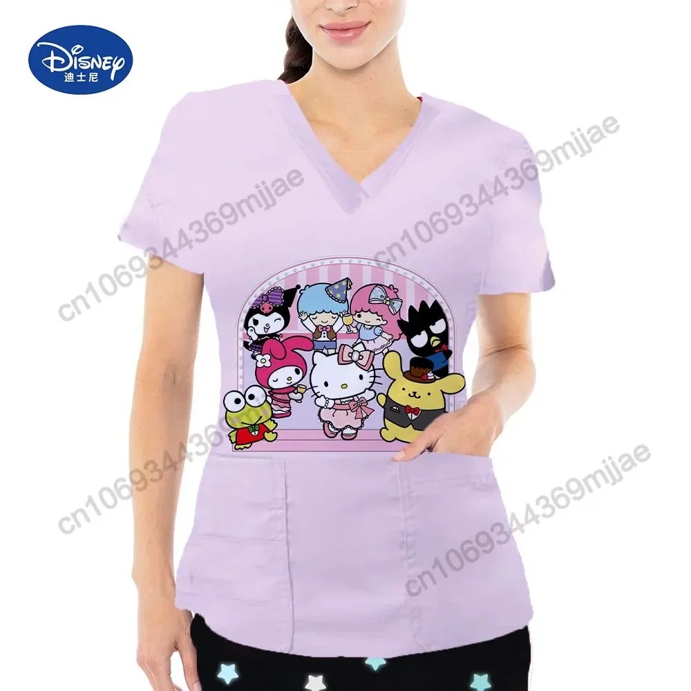 Summer new Popular Holle Kitty Printed Pattern V-neck Double Pocket Cute Nurse uniform Comfortable and Casual Women's T-shirt