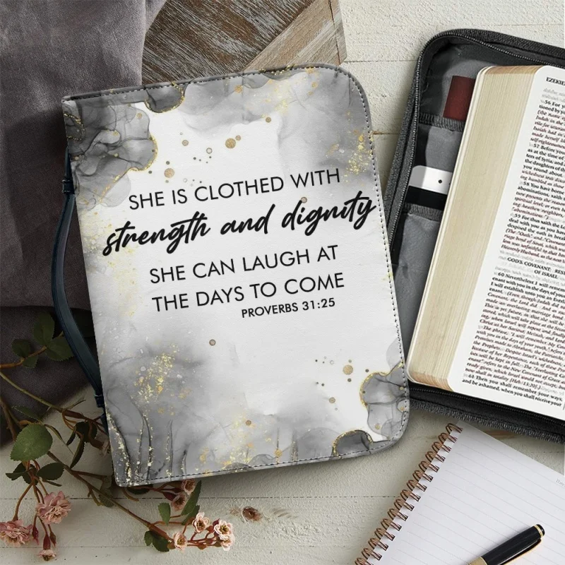 She Is Clothed With Strength and Dignity Proverbs Print Church Bible Cover Case PU Handbags Study Book Holy Storage Boxes