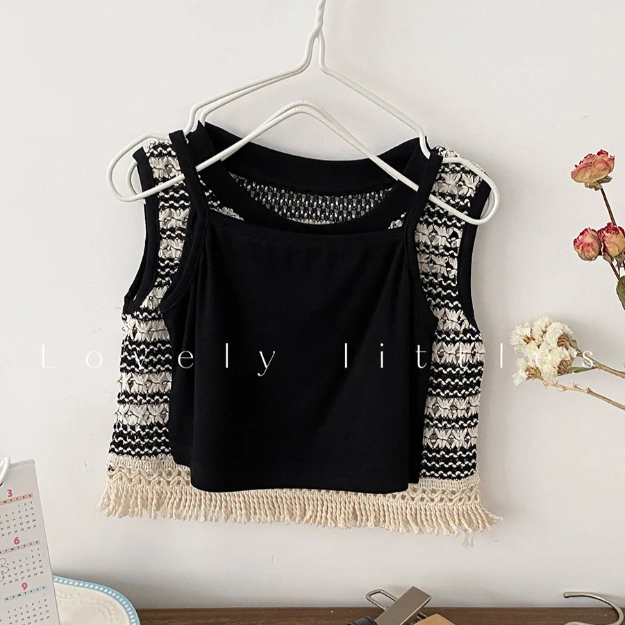 

2026 Summer New Girls Hollow Out Fringed Vest + Solid Simple Sling 2pcs Suit Children Sleeveless Clothes Set Fashion Kids Tops