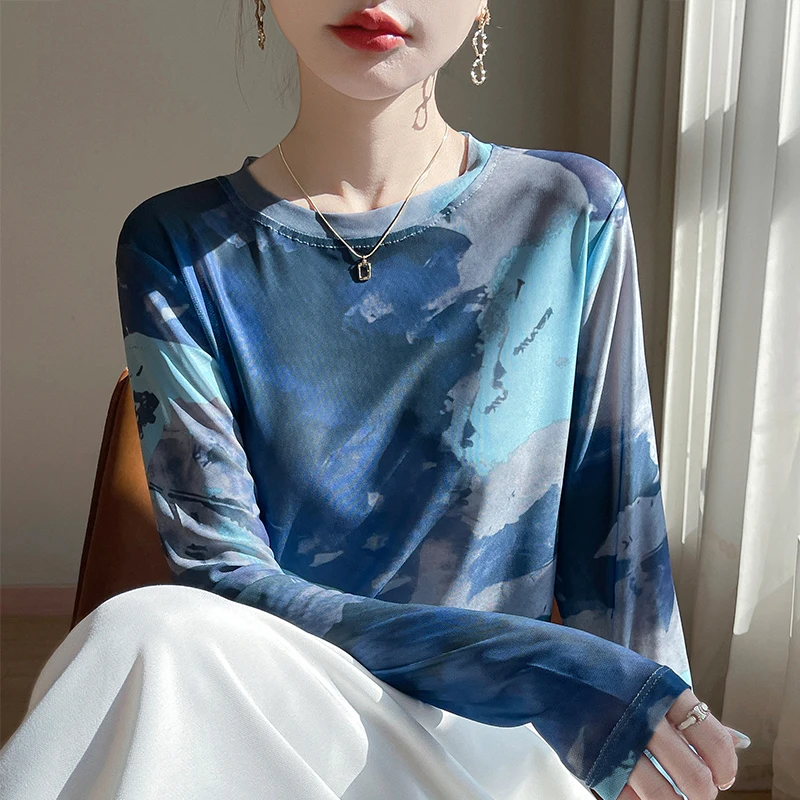 

New Spring Summer Ink Tie-Dye Design Long Sleeve Bottom Shirt Women's Mesh Crewneck Printed Loose T-shirt Top
