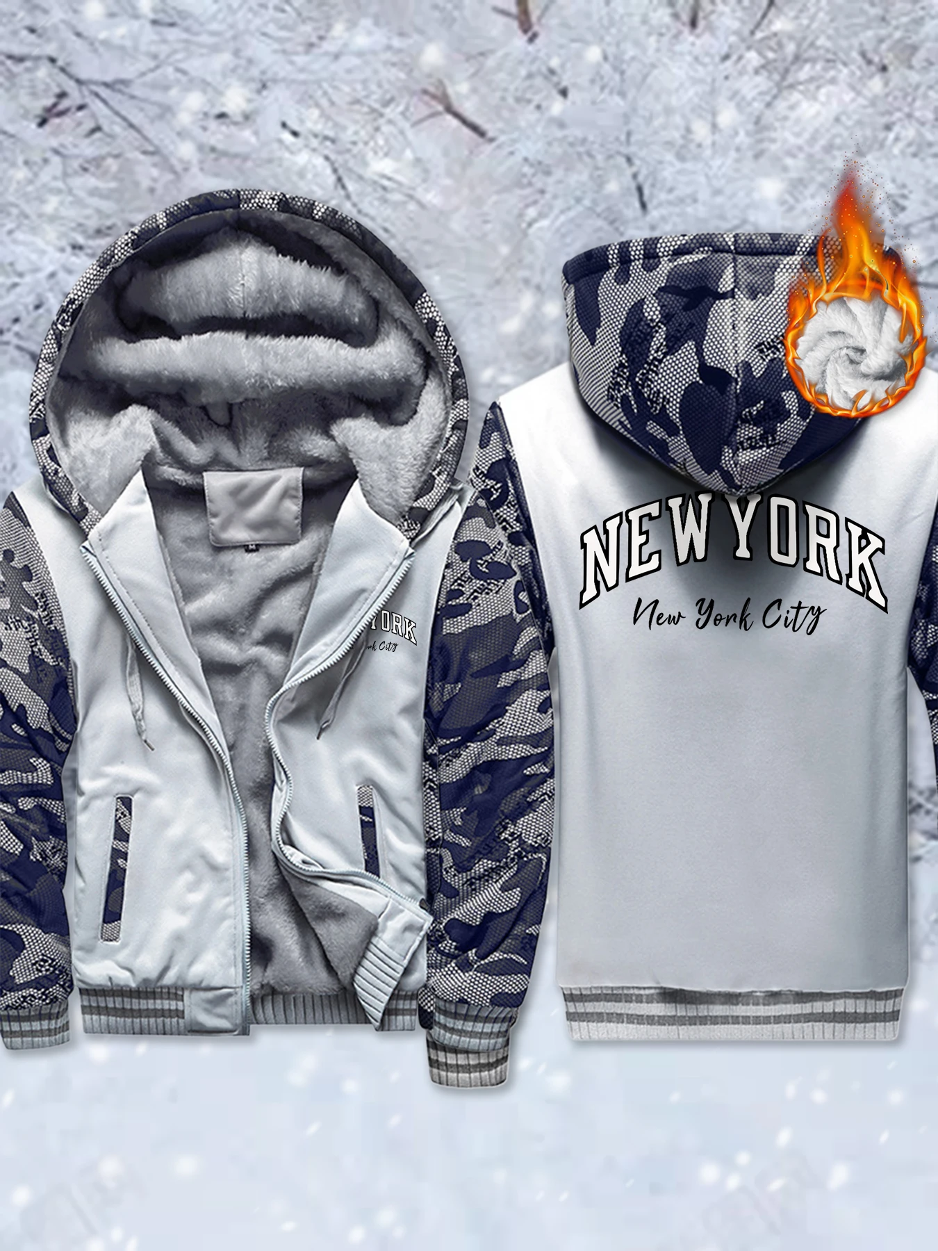 

New York City Letter Creativity Prints Fleece Zip-Up Jackets Male Basics Winter Veste Thicken Warm Hoodie Comfy Soft Streetwear