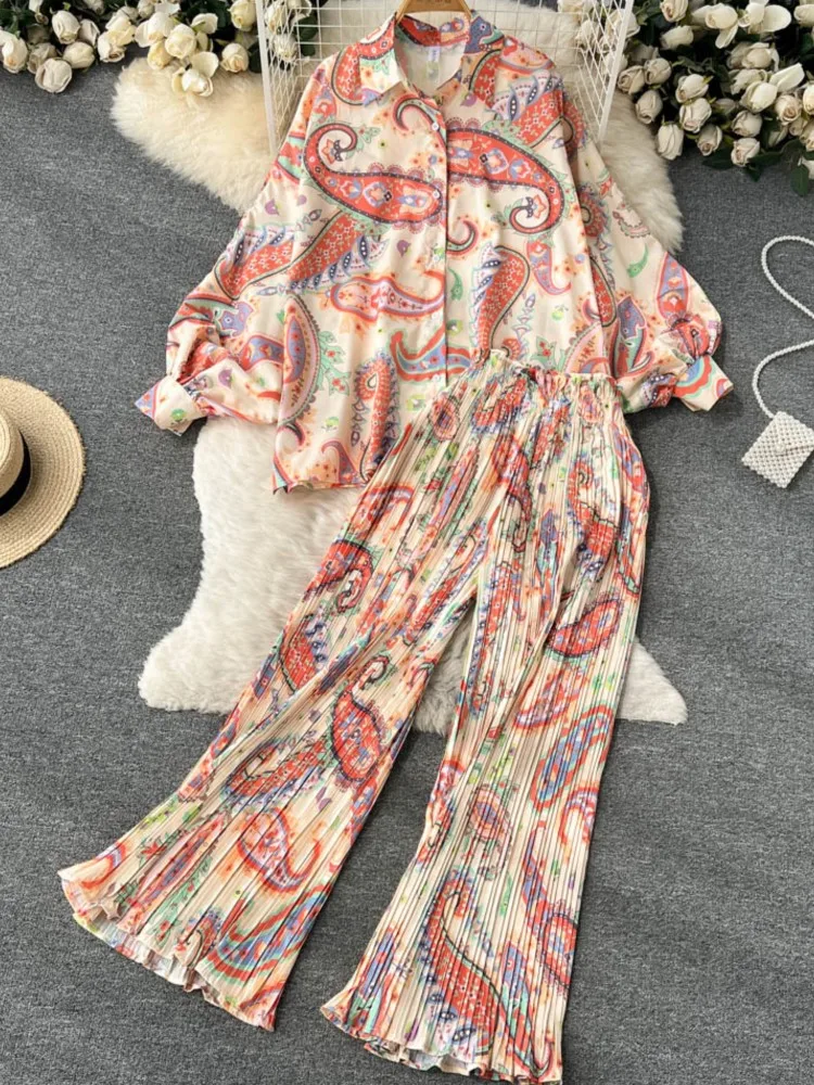 Spring Women Floral Casual Elegant 2 Pieces Set Loose Shirts Tops Wide Leg Pant Suit Female Fashion Vintage Clothes New