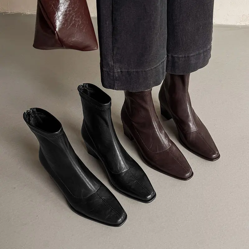 2026 new autumn winter women ankle boots 22-25cm stretch microfiber+pigskin/plush square toe back zip women short boots fashion