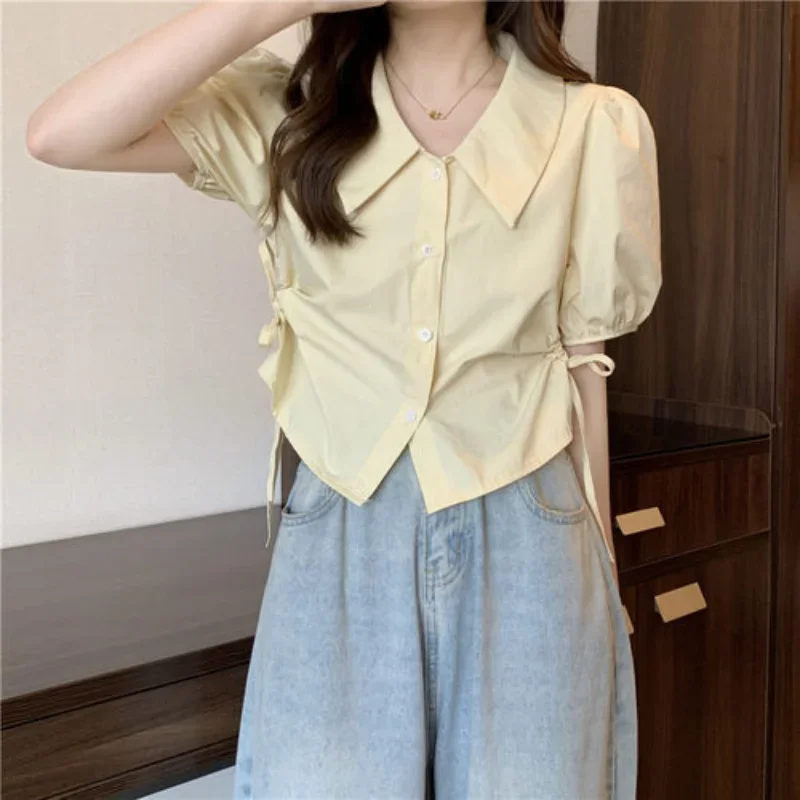 Shirts Women Sweet Solid Puff Sleeve Lace Up Simple Korean Style Square Collar Summer Leisure All-match Trendy Popular Hot Sale