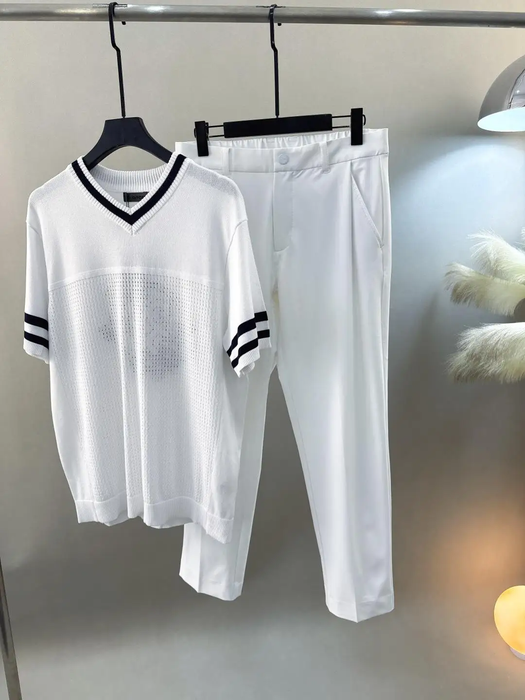 Men Color Block V Neck Knit Polo Shirts Summer Slim Fit Short Sleeve T-shirt Fashion Thin Casual Slimming Golf Daily Tops