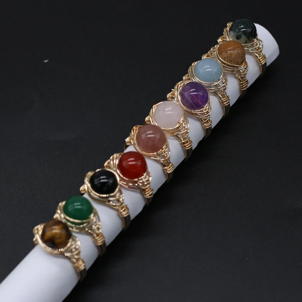 Natural Gems Stone Fashion Wire Wrapped Rings Reiki Healing Amethyst Agate Jade Tiger Eye Stone Resizable Ring Wedding Jewelry