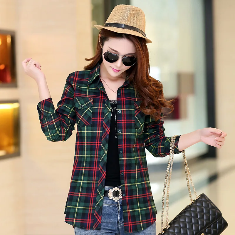 Women Blouses Long Sleeve Turn-down Collar Plaid Shirts Women Cotton Oversized Casual Shirt Style Blusas Slim Outerwear Blouse