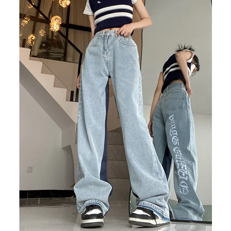 Women Blue Jeans Letter Embroidery Vintage High Waisted American Wide Leg Pants Fashion Y2K Straight Summer Female Denim Trouser