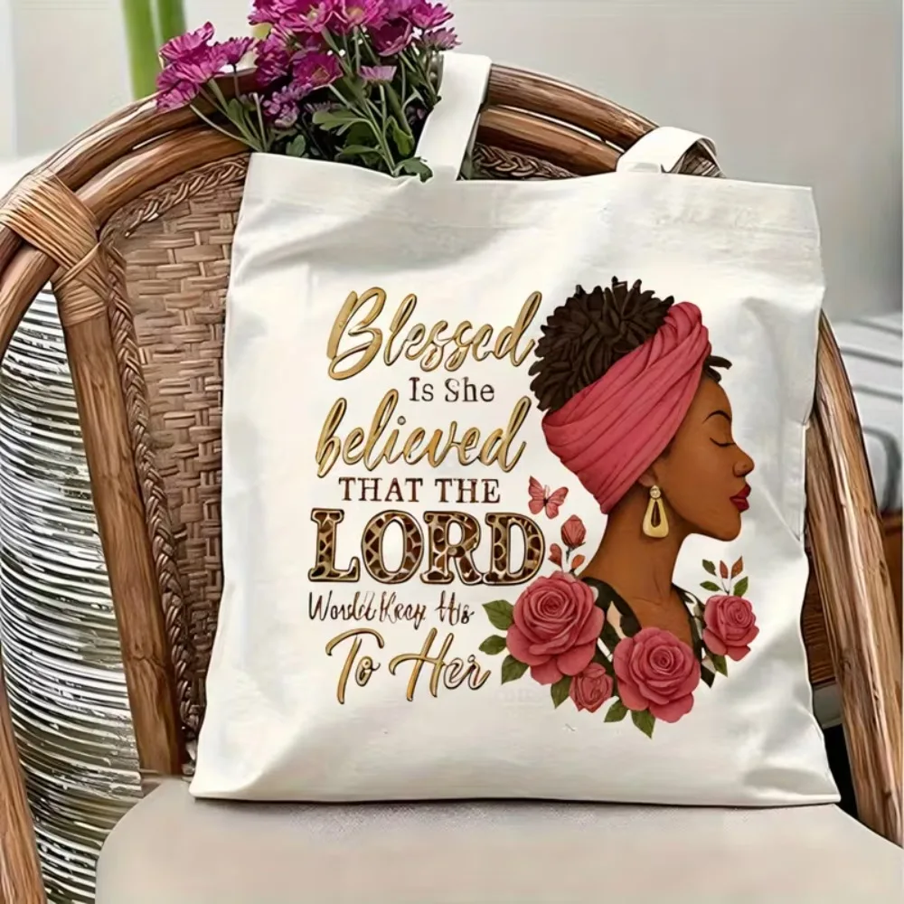 Christian Faith Gift Canvas Tote Bag Blessed Is She Believed African Woman Rose 2D Flat Print Women Daily Shoulder Handbag