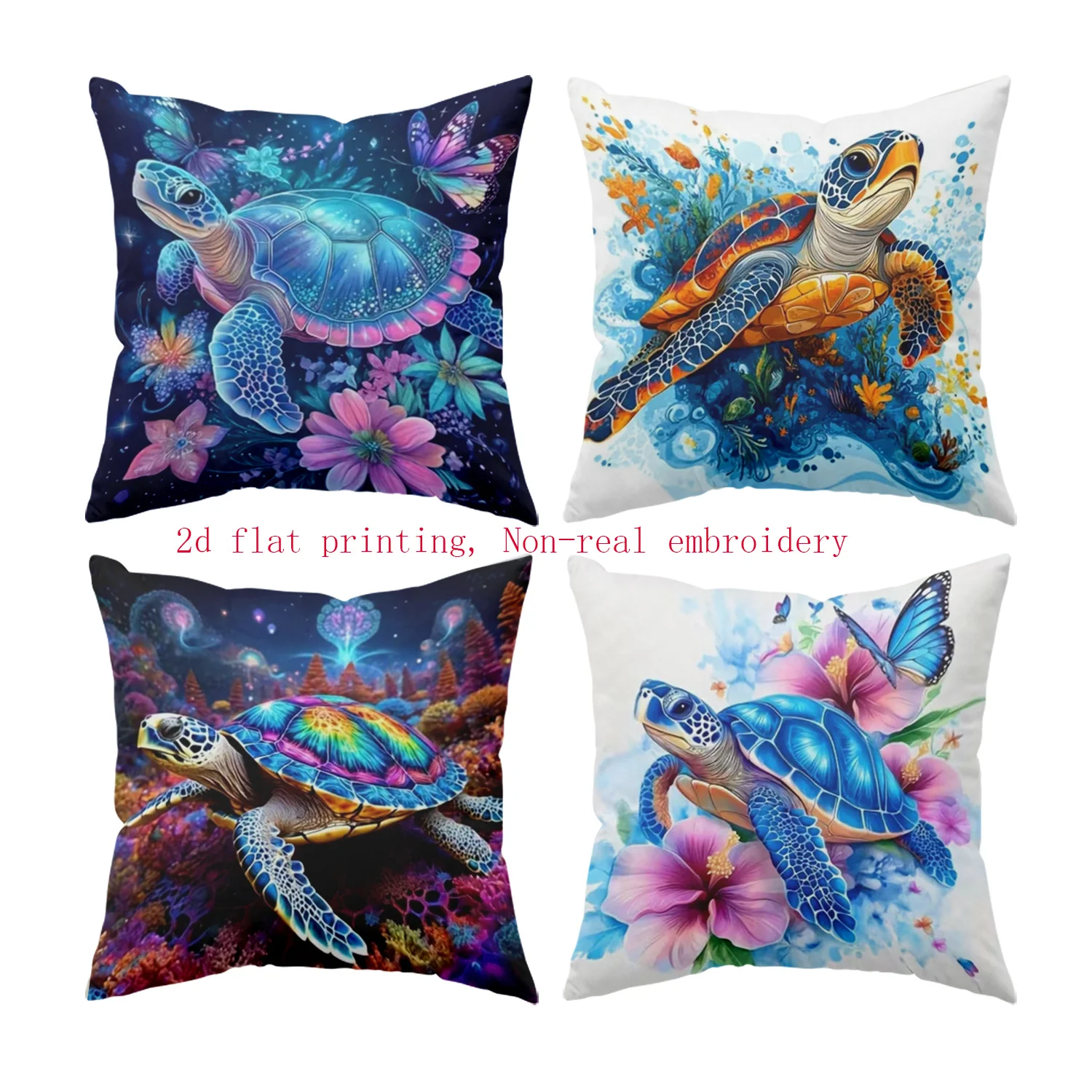 Juego  4 piezas, impresión plana 2D, sin bordado, fundas  almohada con tema oceánico soñador para primavera, con coloridas t