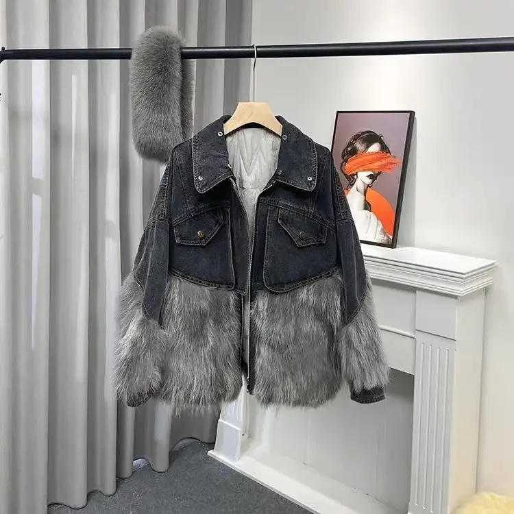 Imagem -05 - Jaqueta Jeans Feminina com Gola de Pele Grossa Parkas de Retalhos na Moda Estilo Europeu Inverno Novo