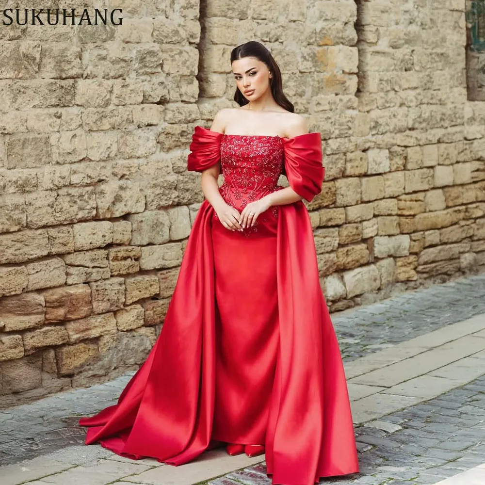 

Вечернее платье SUKUHANG красного цвета, бальное платье с короткими рукавами, расшитое бисером, для выпускного вечера, на заказ, Дубай