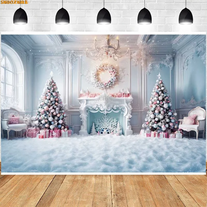 

Christmas Day Wreath Family New Year Party Photography Backdrops Prop Window Living Room Xmas Tree Gift Snow Background TY-03