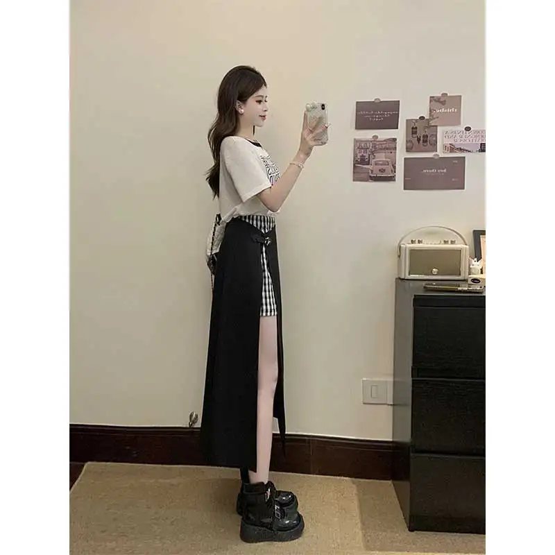 Women Clothing Spring Autumn Simplicity All-match All-match Plaid Patchwork Fake Two Pieces Skirt Ladies Fashion A-line Skirt