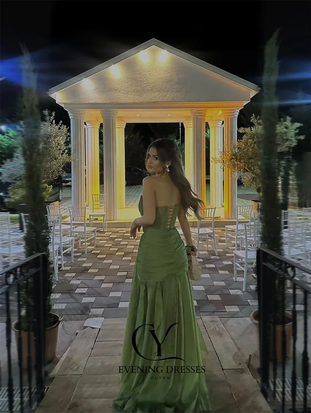 CUYUN Customize Olive Green Women Formal Evening Dresses A Line Pleated Strapless Chiffon Party Dress Banquet Long Prom Dress