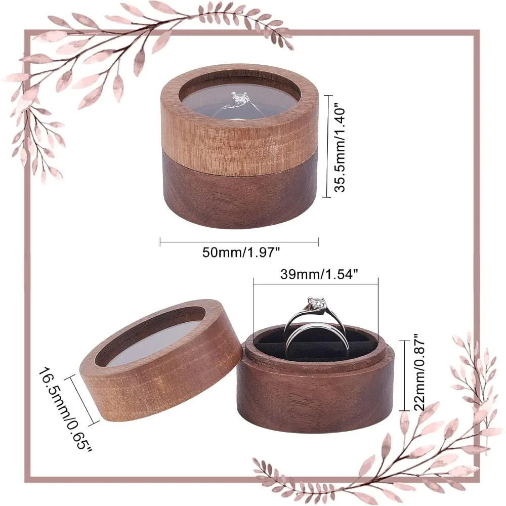 Walnut Wooden Ring Box (Coffee2x1.4inch) Round Walnut Ring Organizer with Clear Window Small Jewelry Ring Box with Two Slots