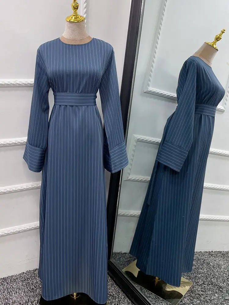

Ramadan Eid Djellaba Muslim Dress Dubai Fashion Stripe Abaya Dubai Turkey Muslim Robes Islam Robe With Belt WY1259