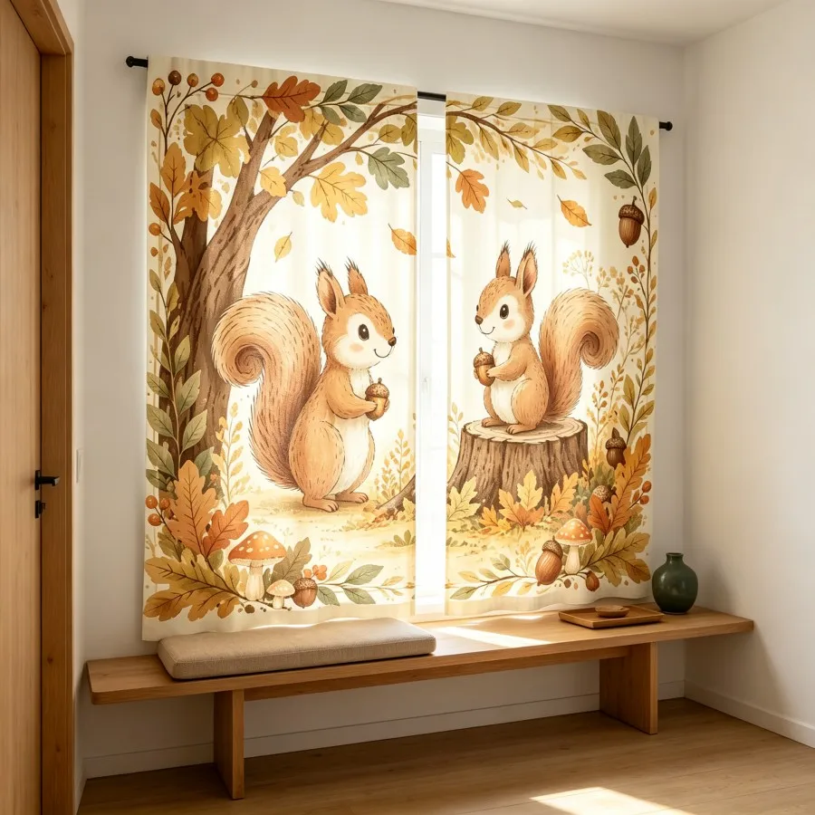2PCS Digital Print Curtain, Cute Squirrel Tree Stump Acorns Fall Leaves, Fall Woodland Animal, for Living Room Bedroom Decor