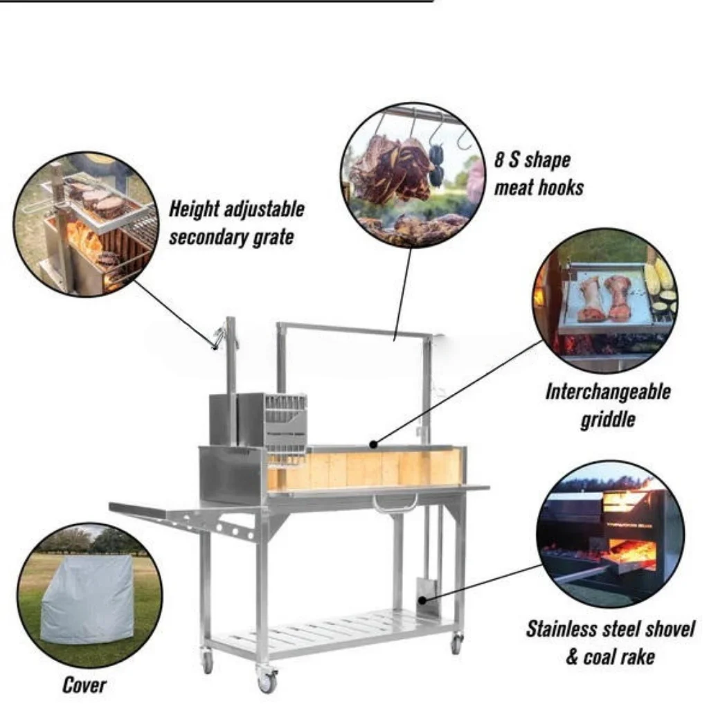 شواية فحم من الفولاذ المقاوم للصدأ قابلة للتعديل مع إشعال إلكتروني وعربة شواء خارجية فاخرة
