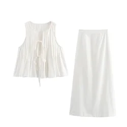 2024ZAR4 Summer New European and American Style Fashionable Small and Popular Western Style Pleated Cotton Shirt Half Skirt Set