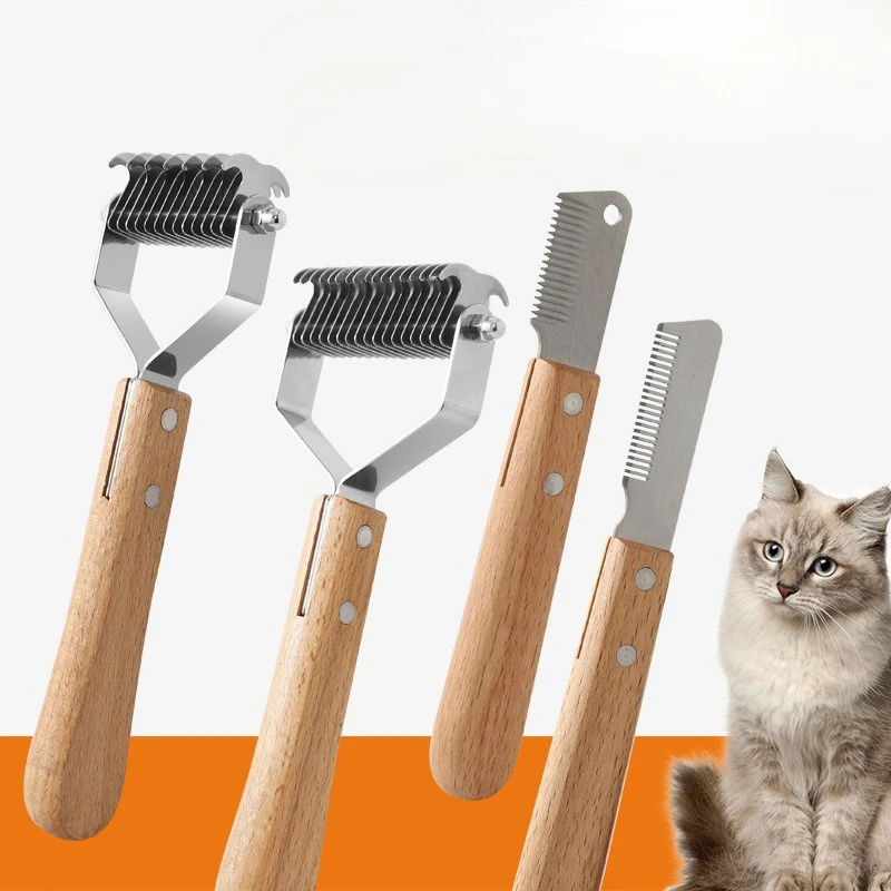 

Dog Comb Professional Pet Hair Removal Knife Stainless Steel Wooden Handle Device Cleaning Remover Grooming Brushes