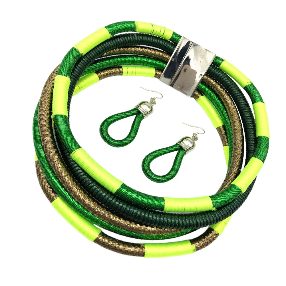 

1 set Green Magnetic Necklace Women African Style Necklace Multilayer Weaving Collar African Style Earrings Jewelry Gift