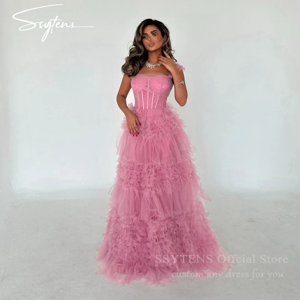 

SSYTENS Pink Tiered Ruffles Tulle Prom Dresses Sweetheart Ruched Saudi Arabic Evening Party Gowns Luxury Dubai Evening Dress