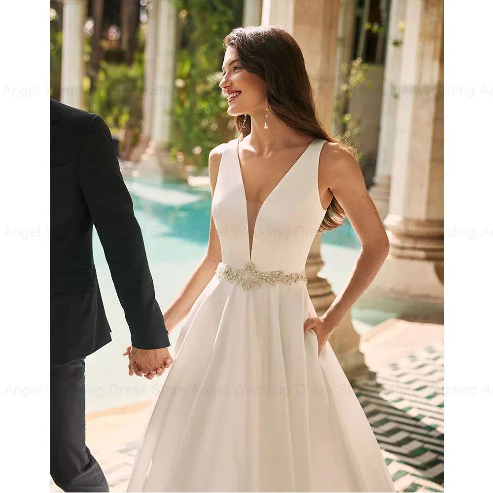 ANGEL Backless Satin Wedding Dresses for Women Sleeveless A-Line V-Neck Bridal Gowns 2024 Beading Zipper Vestido de Novias Boda