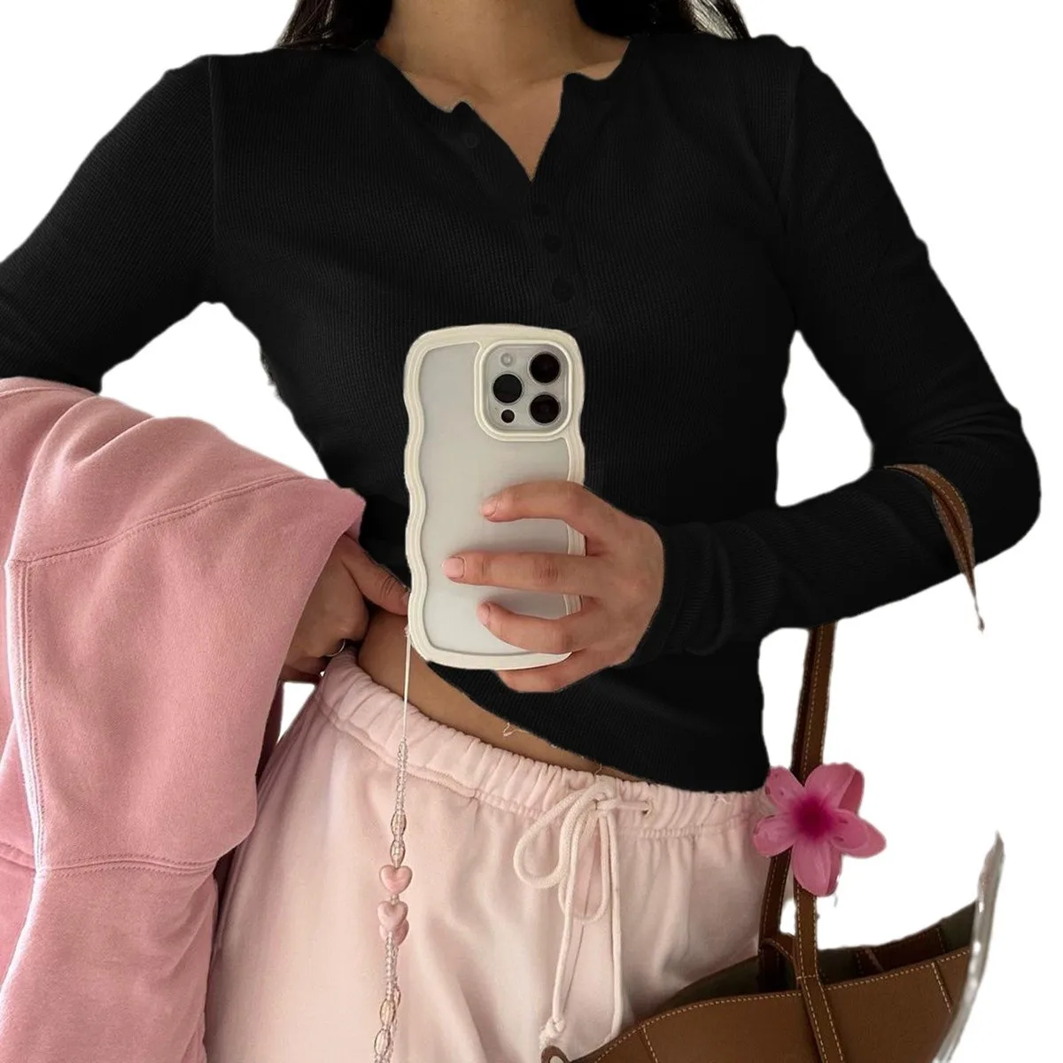 DiYun ربيع وصيف 2025 عادية محبوك طويل Sve V-Ne المرأة تي شيرت لون نقي زر عبر الحدود Faion ملابس نسائية #5