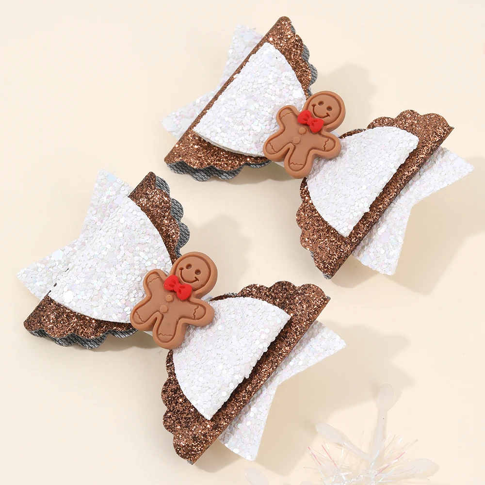 2pcs Sparkle Christmas Bow Hair Clips For Girls Cute Gingerbread Man Barrette Shining Glitter Sequins Hairpins Party Accessories - view 6