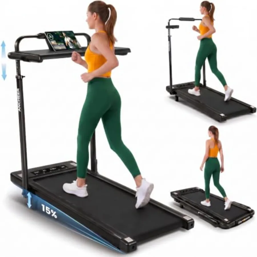 Home office walking pad treadmill: steel frame, black, ultra-quiet 3.5 HP motor, 15 incline, 450 lbs capacity, 2s folding, comp