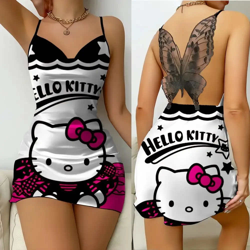 Sukienka do spania z nadrukiem Hello Kitty, moda 2025, letnia, damska, casualowa, elegancka, z odkrytymi plecami, satynowa, wygodna spódnica.