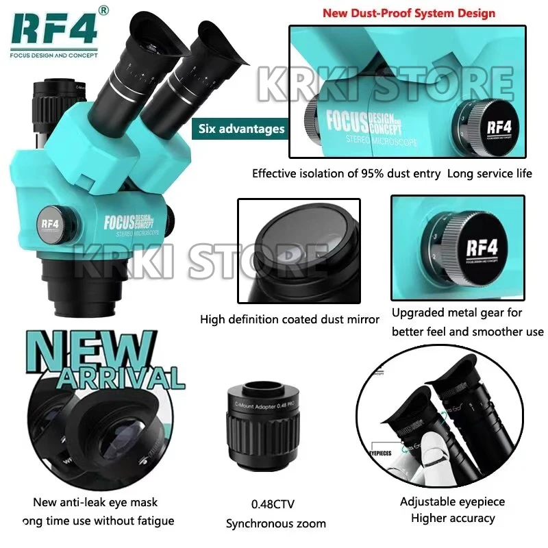 RF4 Stereo Trinocular Microscope 360 ° Rotation Articulating Arm Stands Large-field 4K HDMI Camera Phone Soldering PCB Repair