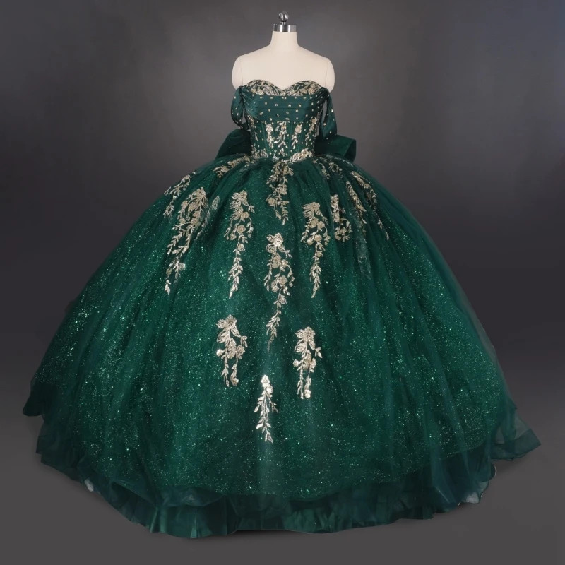 

Dark Green Glitter Quinceanera Dresses Off The Shoulder Sequin Applique Lace Beading Bow Tull Princess Luxury Sweet 16 Dress