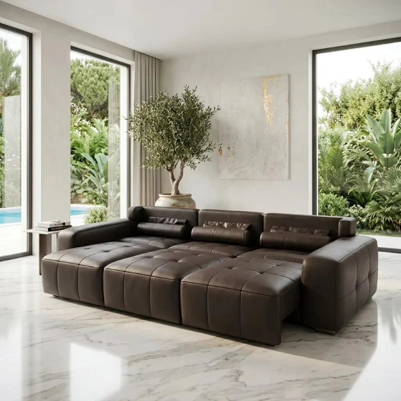 Italian style minimalist leather sofa bed with voice function, multi-purpose retractable filled sponge, suitable for hotel parks
