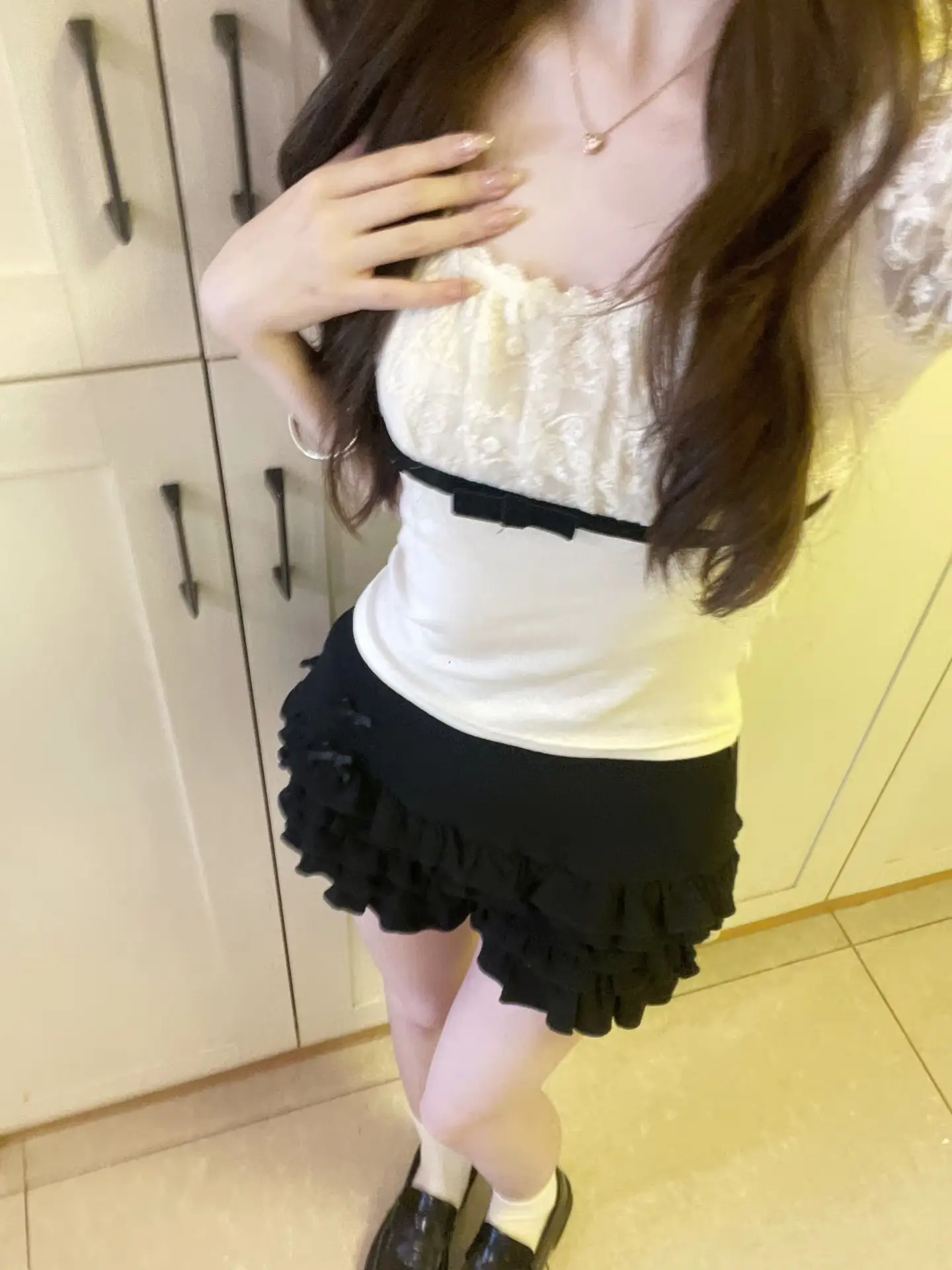 

Korean Sle Lace Splice Knot Bubble Sve T-irt Women's Summer Slimming ort Sweet And Spicy Girl Top