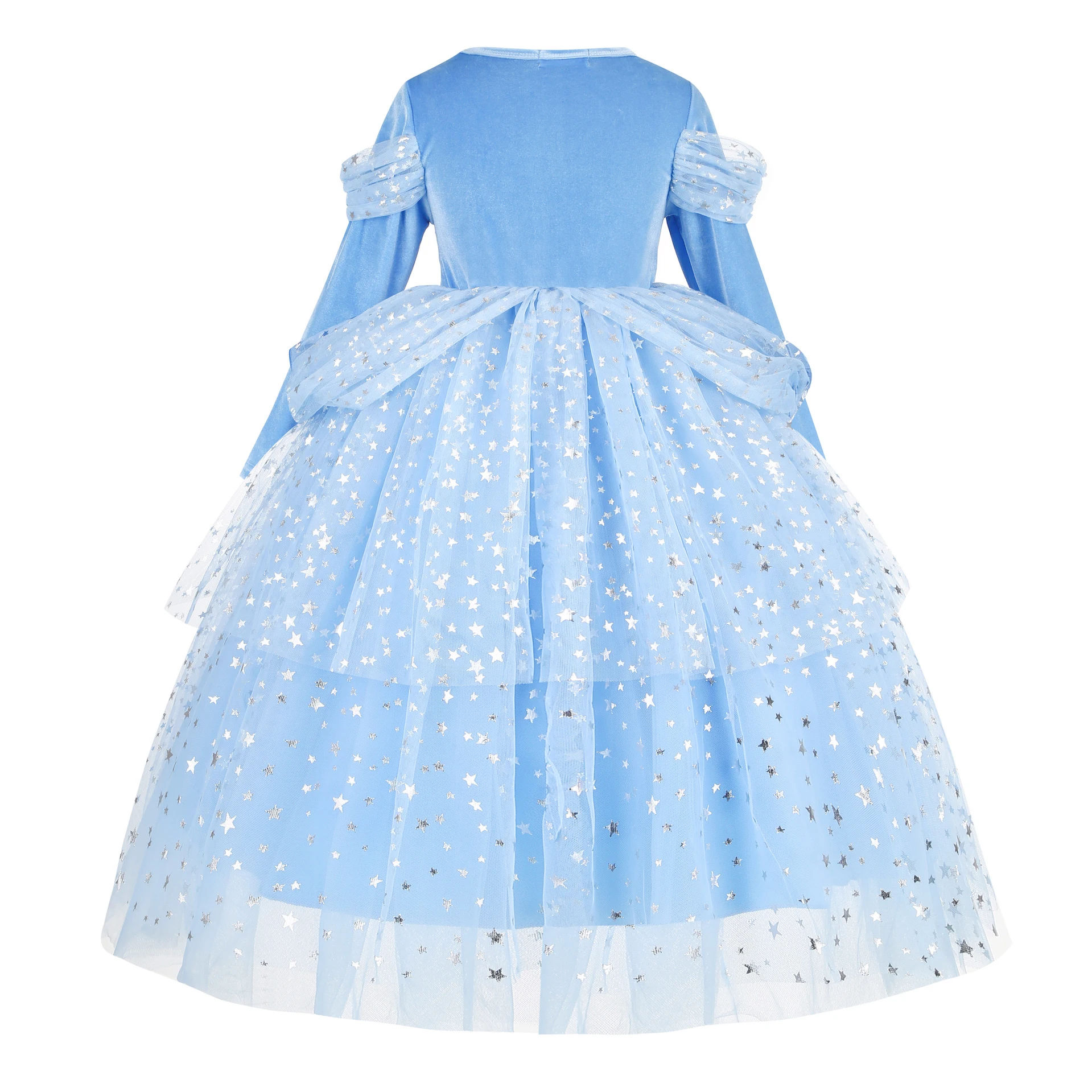 Girl Cinderella Dress Long Sleeve Princess Cosplay Costume Blue Sequin Children Bithday Surprise Kids Ball Gown