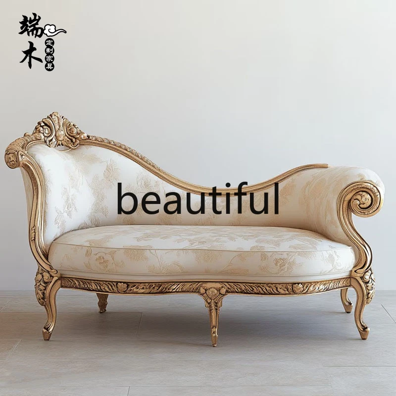 

French solid wood carving flower concubine fabric living room reclining chair beauty couch leisure sofa