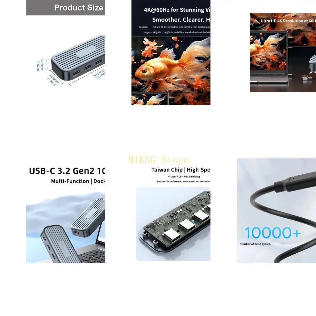 USB C Desk Adapter with 60Hz Video Output, Gray Aluminum Housing, Two USB C Data Routes and 100W Power Input for Office and